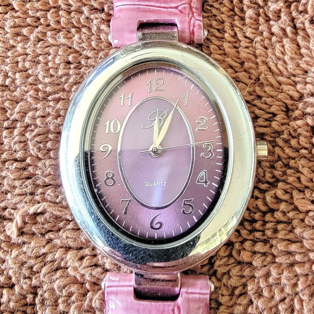 BRIGHTON BTV065 WATCH SILVER LEATHER FAUX CROC STYLE PINK BAND TESTED/WORKING